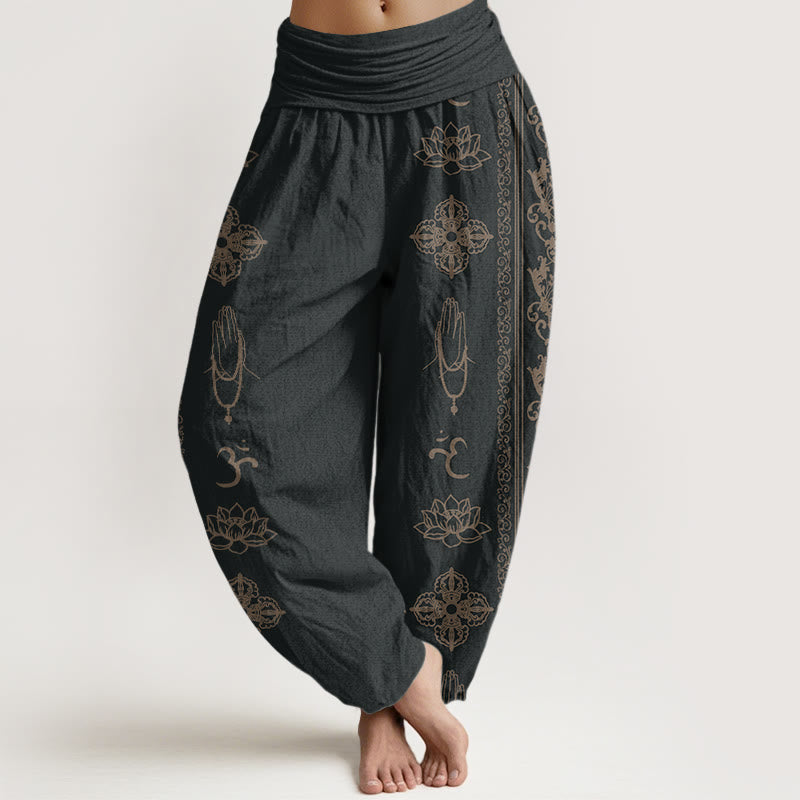 Pantaloni harem da donna con elastico in vita, motivo Buddha Stones Lotus Flowers Double Dorje Vajra Namaste Om - Nero - US22, UK/AU26, EU54 (6XL) - image 1