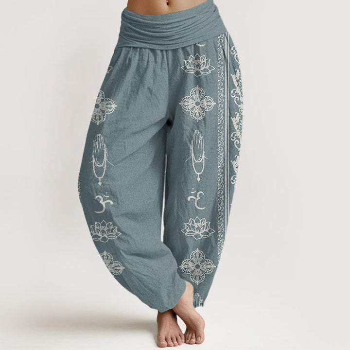 Pantaloni harem da donna con elastico in vita, motivo Buddha Stones Cotton Lotus Flowers Double Dorje Vajra Namaste Om - CadetBlue - US22, UK/AU26, EU54 (6XL) - image 4