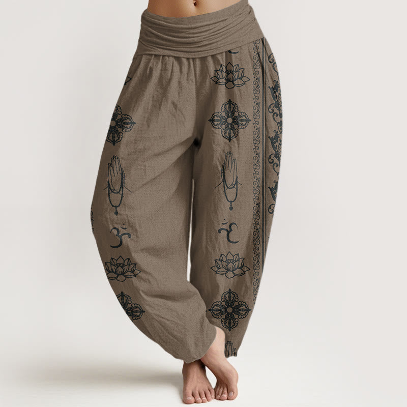 Pantaloni harem da donna con elastico in vita, motivo Buddha Stones Lotus Flowers Double Dorje Vajra Namaste Om - DarkKhaki - US22, UK/AU26, EU54 (6XL) - image 8