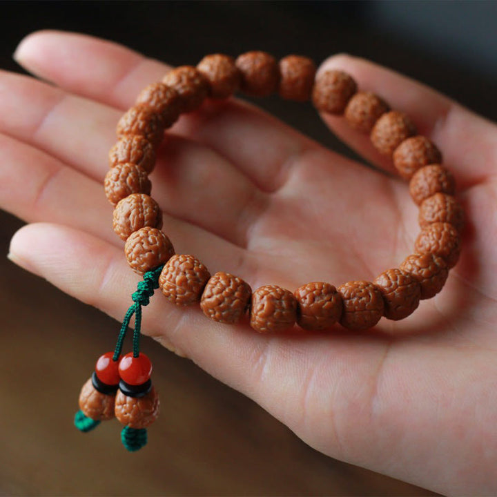 Braccialetto della ricchezza in agata di semi di Bodhi e rudraksha tibetano di Buddha Stones