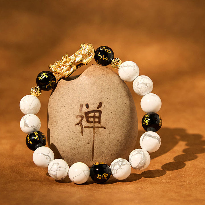 Braccialetto di benedizione con perline Pixiu in onice nero e turchese bianco vintage Buddha Stones