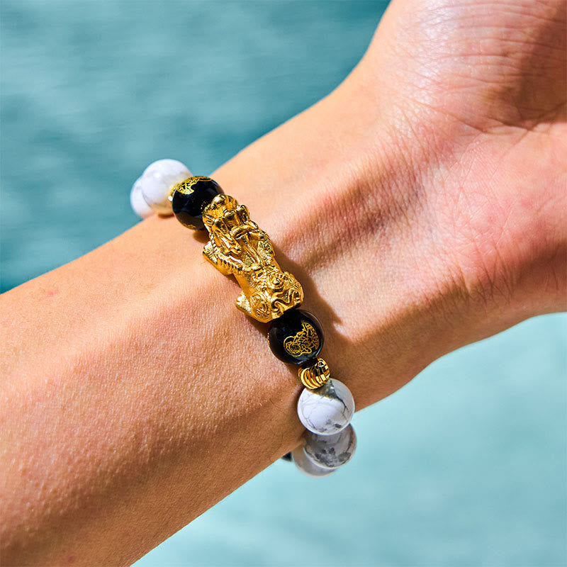 Braccialetto di benedizione con perline Pixiu in onice nero e turchese bianco vintage Buddha Stones