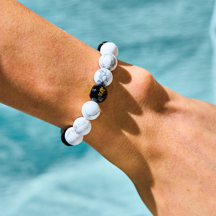 Braccialetto di benedizione con perline Pixiu in onice nero e turchese bianco vintage Buddha Stones