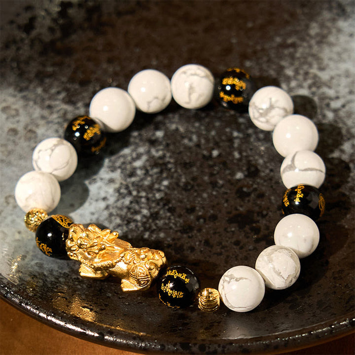 Braccialetto di benedizione con perline Pixiu in onice nero e turchese bianco vintage Buddha Stones