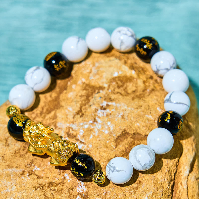 Braccialetto di benedizione con perline Pixiu in onice nero e turchese bianco vintage Buddha Stones