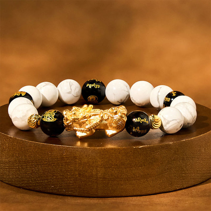 Braccialetto di benedizione con perline Pixiu in onice nero e turchese bianco vintage Buddha Stones