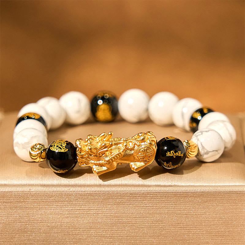 Braccialetto di benedizione con perline Pixiu in onice nero e turchese bianco vintage Buddha Stones