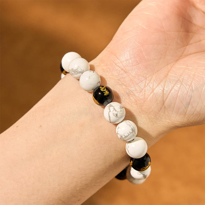 Braccialetto di benedizione con perline Pixiu in onice nero e turchese bianco vintage Buddha Stones