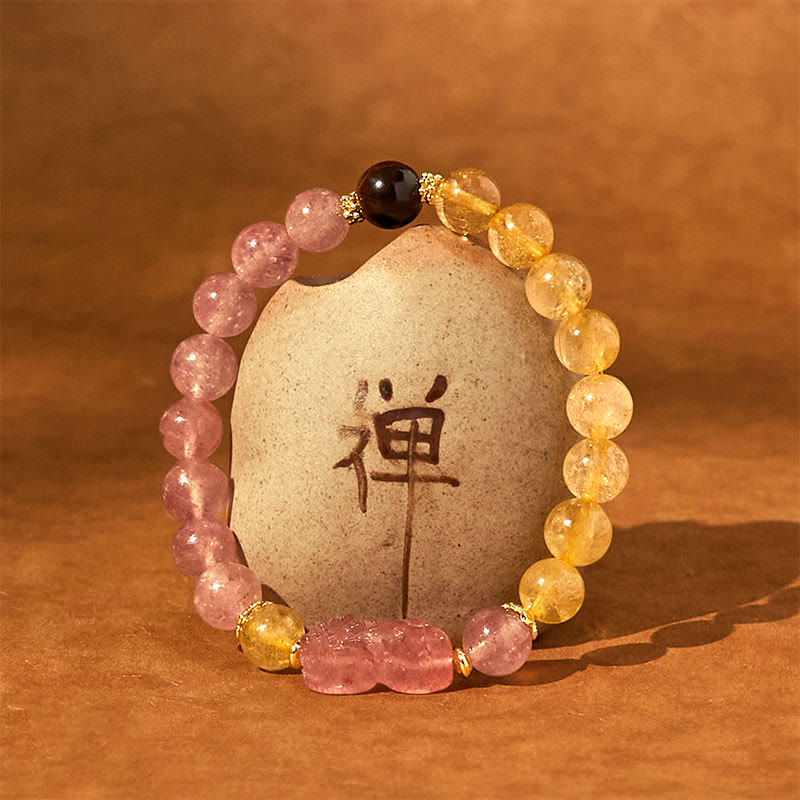 Braccialetto di guarigione con perle di quarzo rutilato Pixiu, Buddha Stones e quarzo fragola