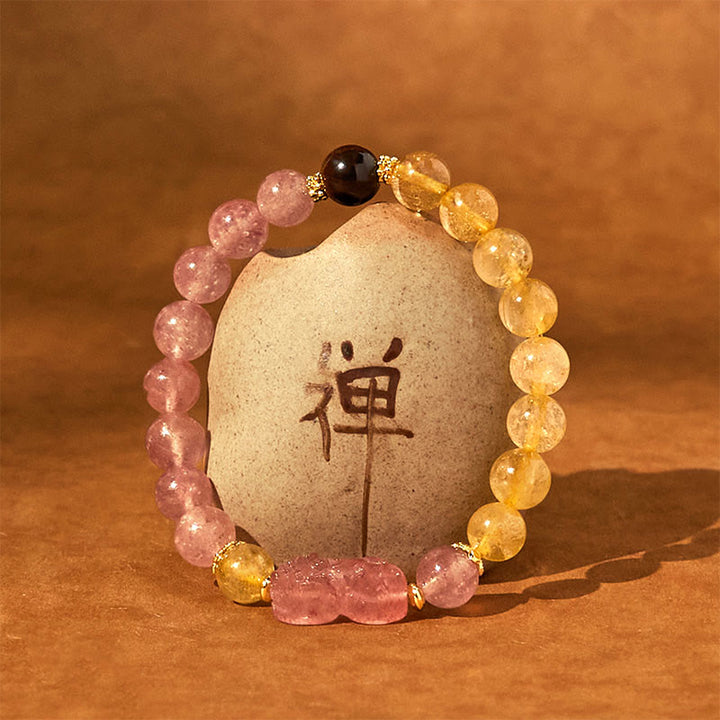 Braccialetto di guarigione con perle di quarzo rutilato Pixiu, Buddha Stones e quarzo fragola