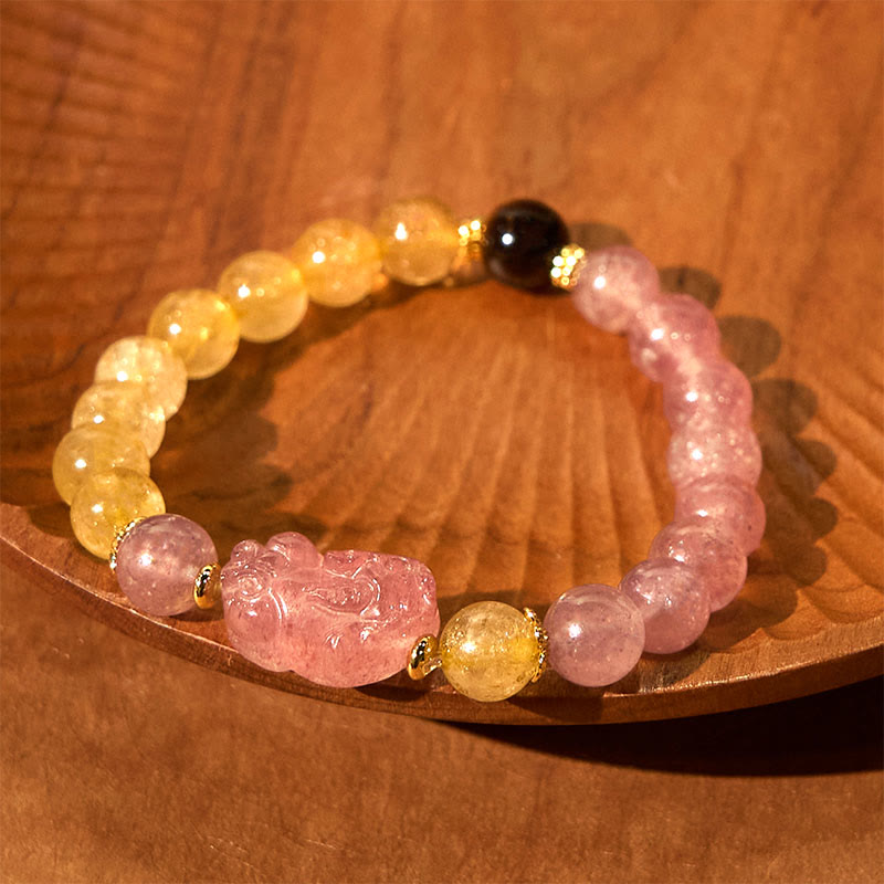 Braccialetto di guarigione con perle di quarzo rutilato Pixiu, Buddha Stones e quarzo fragola