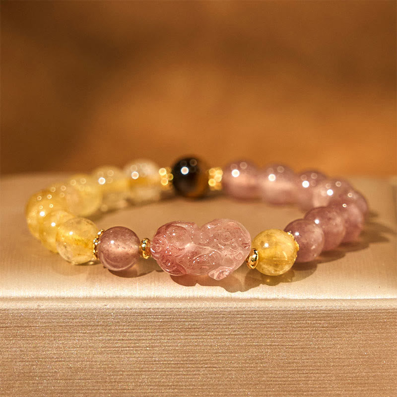 Braccialetto di guarigione con perle di quarzo rutilato Pixiu, Buddha Stones e quarzo fragola