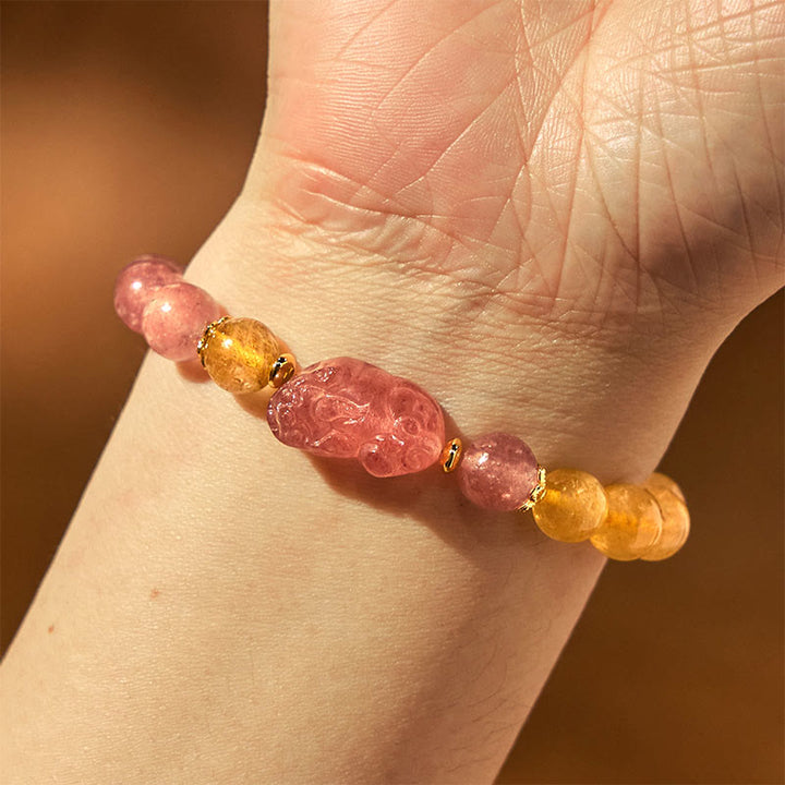 Braccialetto di guarigione con perle di quarzo rutilato Pixiu, Buddha Stones e quarzo fragola