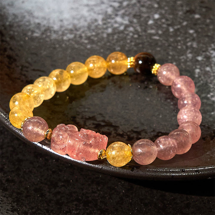 Braccialetto di guarigione con perle di quarzo rutilato Pixiu, Buddha Stones e quarzo fragola