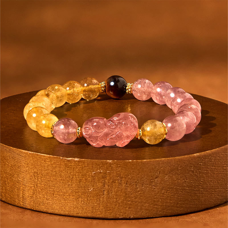 Braccialetto di guarigione con perle di quarzo rutilato Pixiu, Buddha Stones e quarzo fragola