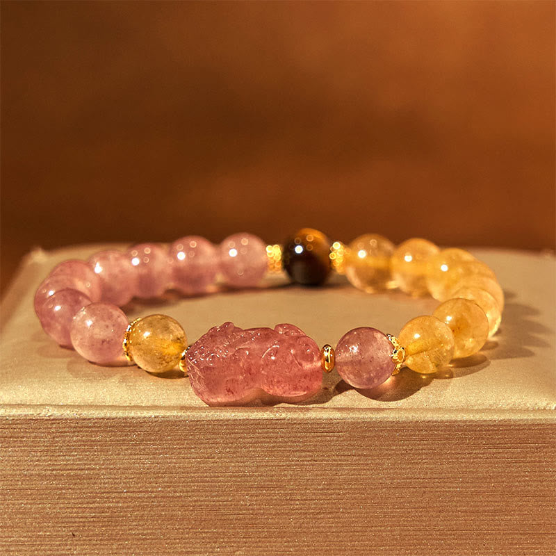 Braccialetto di guarigione con perle di quarzo rutilato Pixiu, Buddha Stones e quarzo fragola