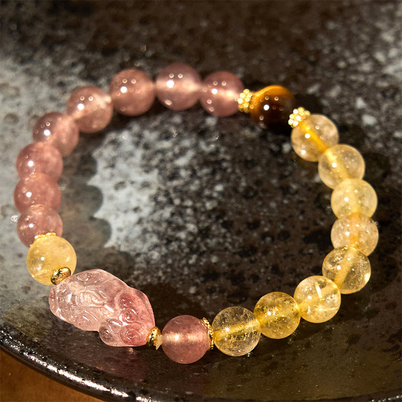Braccialetto di guarigione con perle di quarzo rutilato Pixiu, Buddha Stones e quarzo fragola