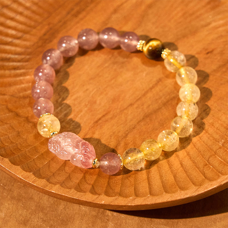 Braccialetto di guarigione con perle di quarzo rutilato Pixiu, Buddha Stones e quarzo fragola
