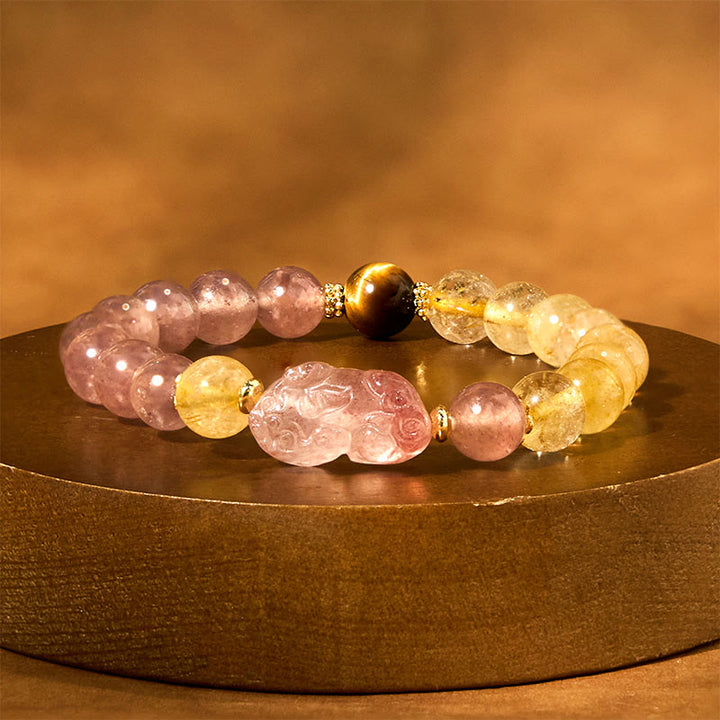 Braccialetto di guarigione con perle di quarzo rutilato Pixiu, Buddha Stones e quarzo fragola