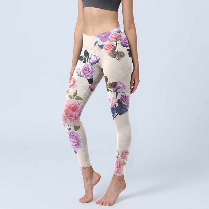 Leggings da palestra con stampa di fiori di rosa beige Buddha Stones da donna