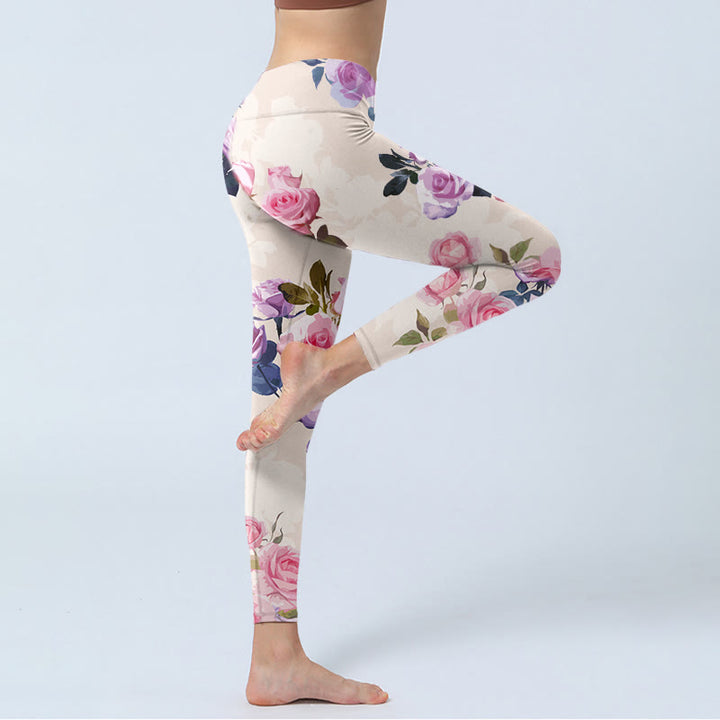 Leggings da palestra con stampa di fiori di rosa beige Buddha Stones da donna