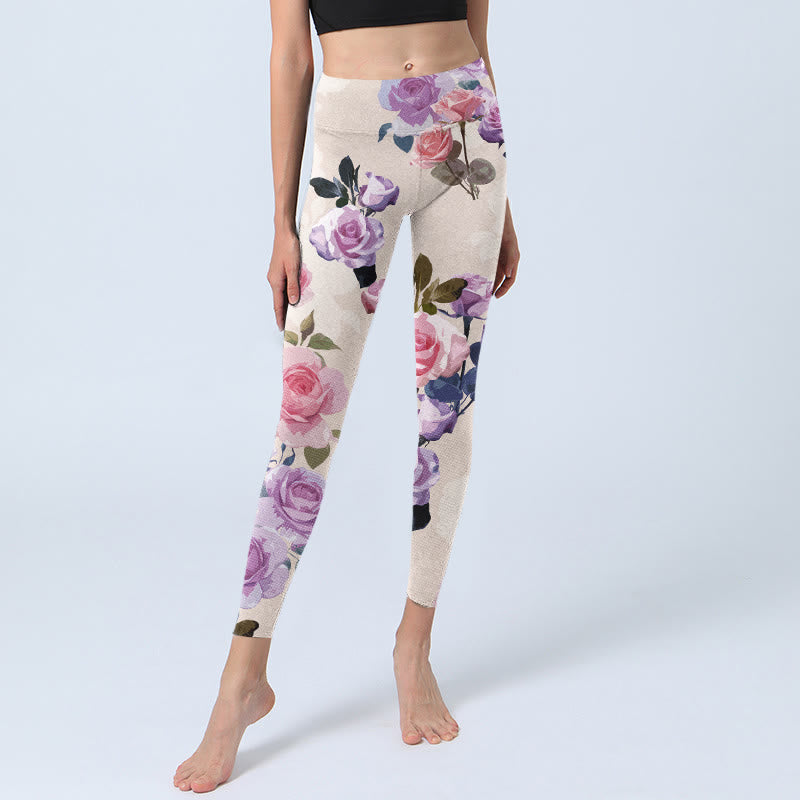 Leggings da palestra con stampa di fiori di rosa beige Buddha Stones da donna