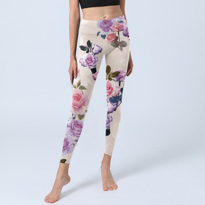 Leggings da palestra con stampa di fiori di rosa beige Buddha Stones da donna