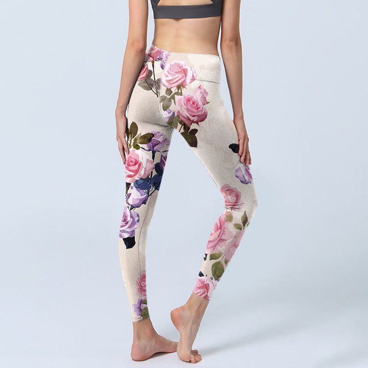 Leggings da palestra con stampa di fiori di rosa beige Buddha Stones da donna