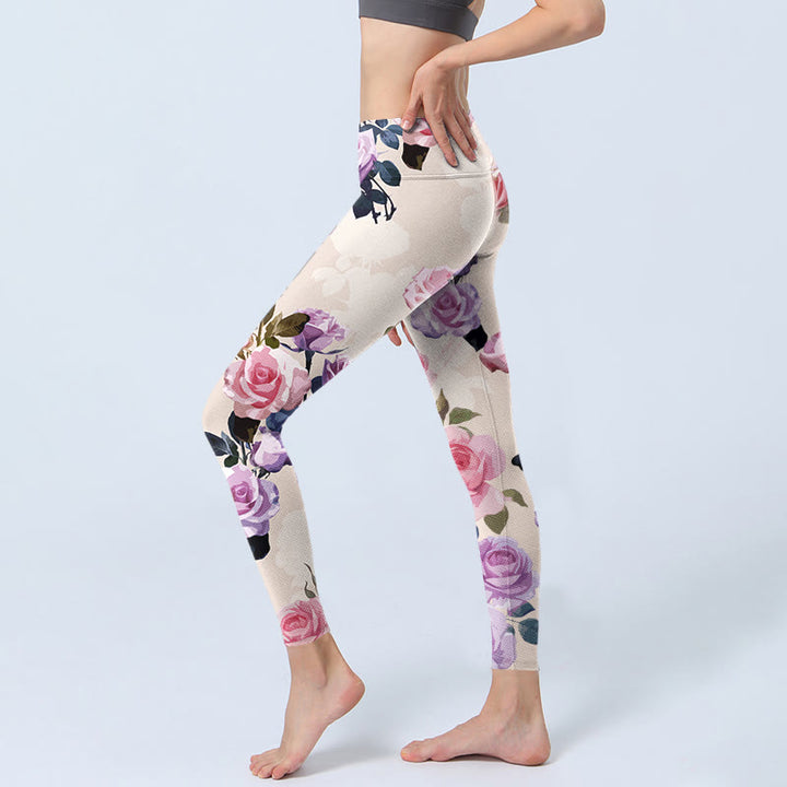 Leggings da palestra con stampa di fiori di rosa beige Buddha Stones da donna