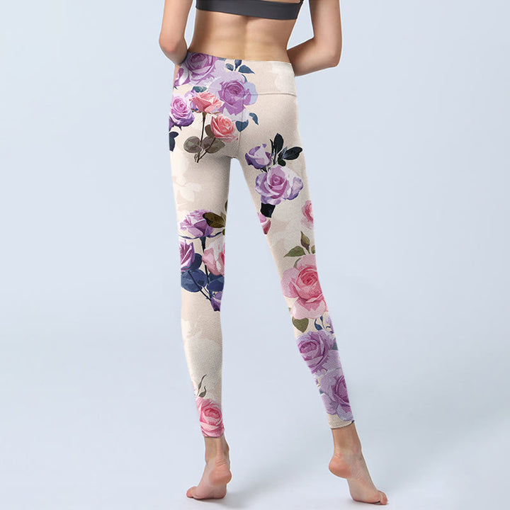 Leggings da palestra con stampa di fiori di rosa beige Buddha Stones da donna