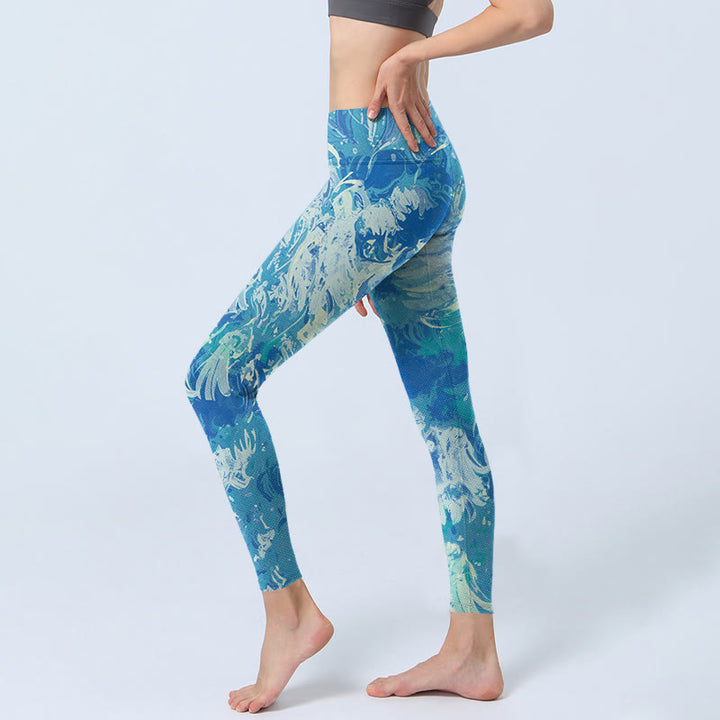 Leggings da palestra con stampa a motivo ad acqua e pittura a olio astratta blu Buddha Stones, pantaloni da yoga da donna