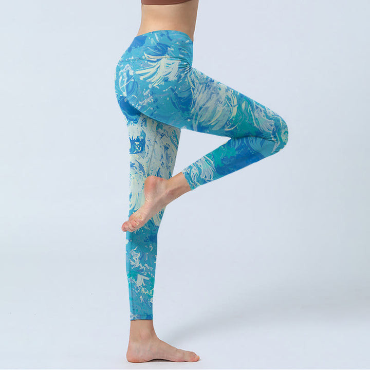 Leggings da palestra con stampa a motivo ad acqua e pittura a olio astratta blu Buddha Stones, pantaloni da yoga da donna