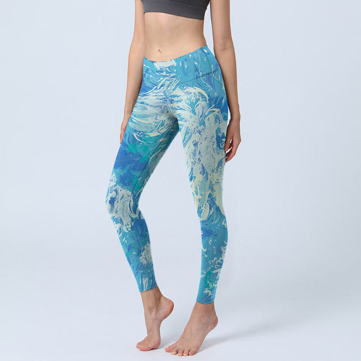 Leggings da palestra con stampa a motivo ad acqua e pittura a olio astratta blu Buddha Stones, pantaloni da yoga da donna