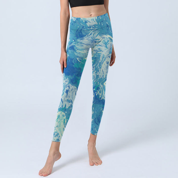 Leggings da palestra con stampa a motivo ad acqua e pittura a olio astratta blu Buddha Stones, pantaloni da yoga da donna