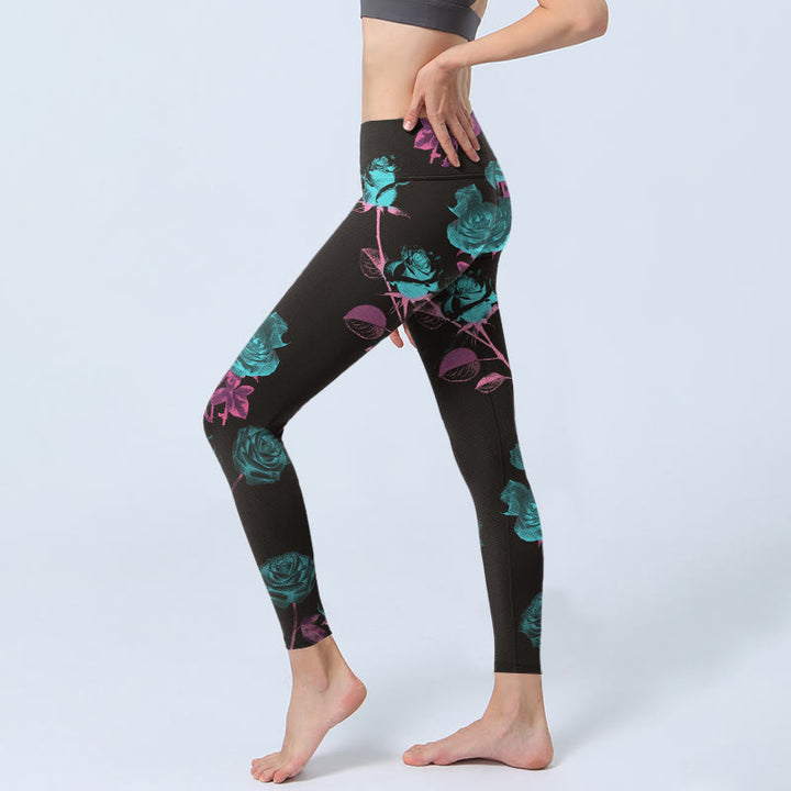 Leggings da palestra con stampa motivo foglie di rosa nera Buddha Stones da donna Pantaloni da yoga