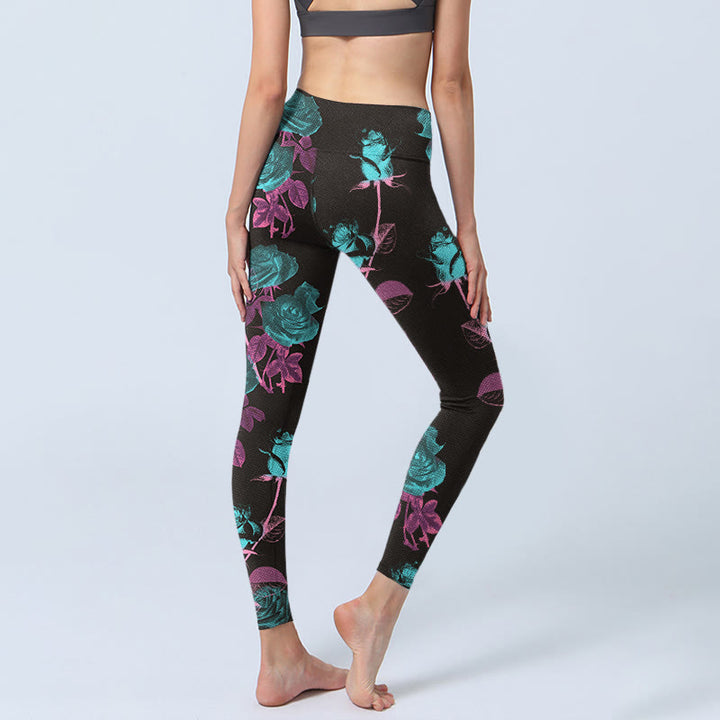 Leggings da palestra con stampa motivo foglie di rosa nera Buddha Stones da donna Pantaloni da yoga