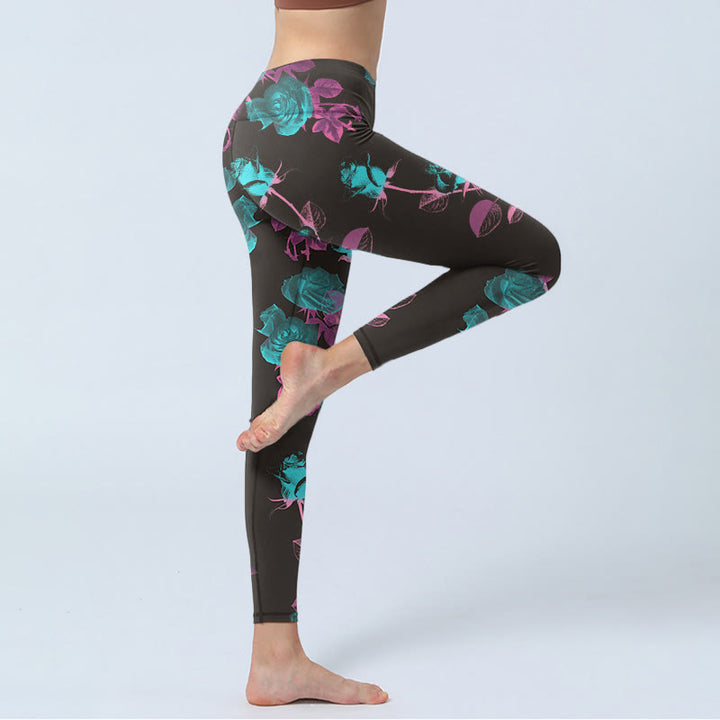 Leggings da palestra con stampa motivo foglie di rosa nera Buddha Stones da donna Pantaloni da yoga