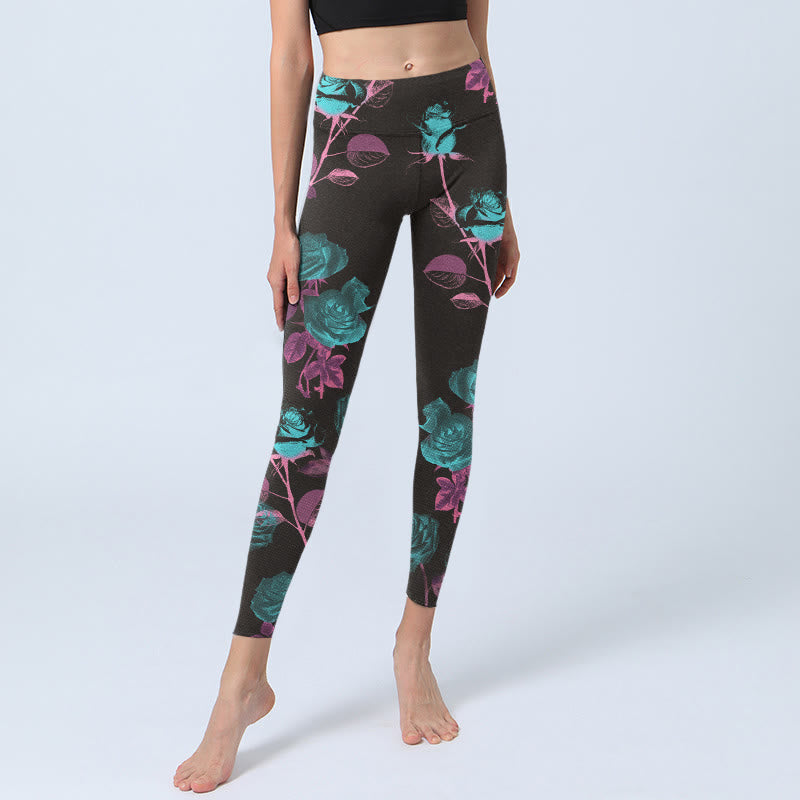Leggings da palestra con stampa motivo foglie di rosa nera Buddha Stones da donna Pantaloni da yoga