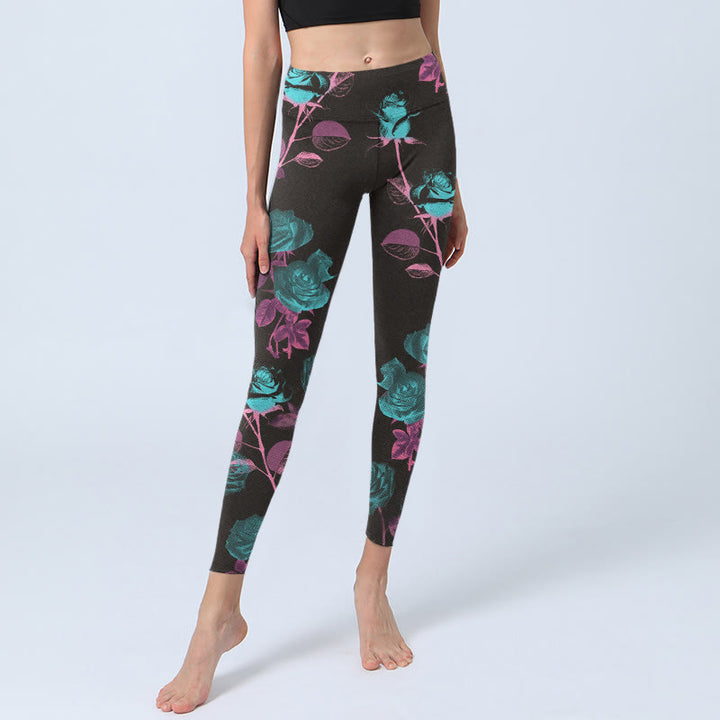 Leggings da palestra con stampa motivo foglie di rosa nera Buddha Stones da donna Pantaloni da yoga