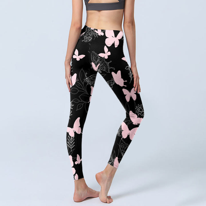 Leggings da palestra con stampa a motivo di linee di piante a farfalla nera Buddha Stones, pantaloni da yoga da donna