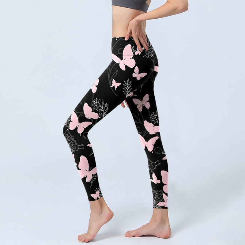 Leggings da palestra con stampa a motivo di linee di piante a farfalla nera Buddha Stones, pantaloni da yoga da donna
