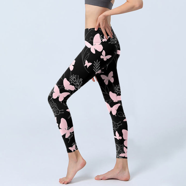 Leggings da palestra con stampa a motivo di linee di piante a farfalla nera Buddha Stones, pantaloni da yoga da donna