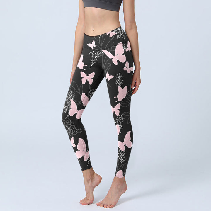Leggings da palestra con stampa a motivo di linee di piante a farfalla nera Buddha Stones, pantaloni da yoga da donna