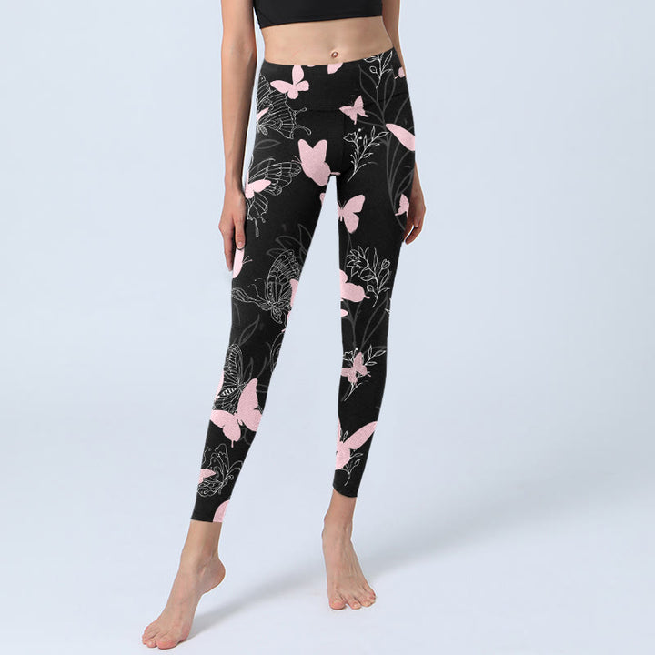 Leggings da palestra con stampa a motivo di linee di piante a farfalla nera Buddha Stones, pantaloni da yoga da donna