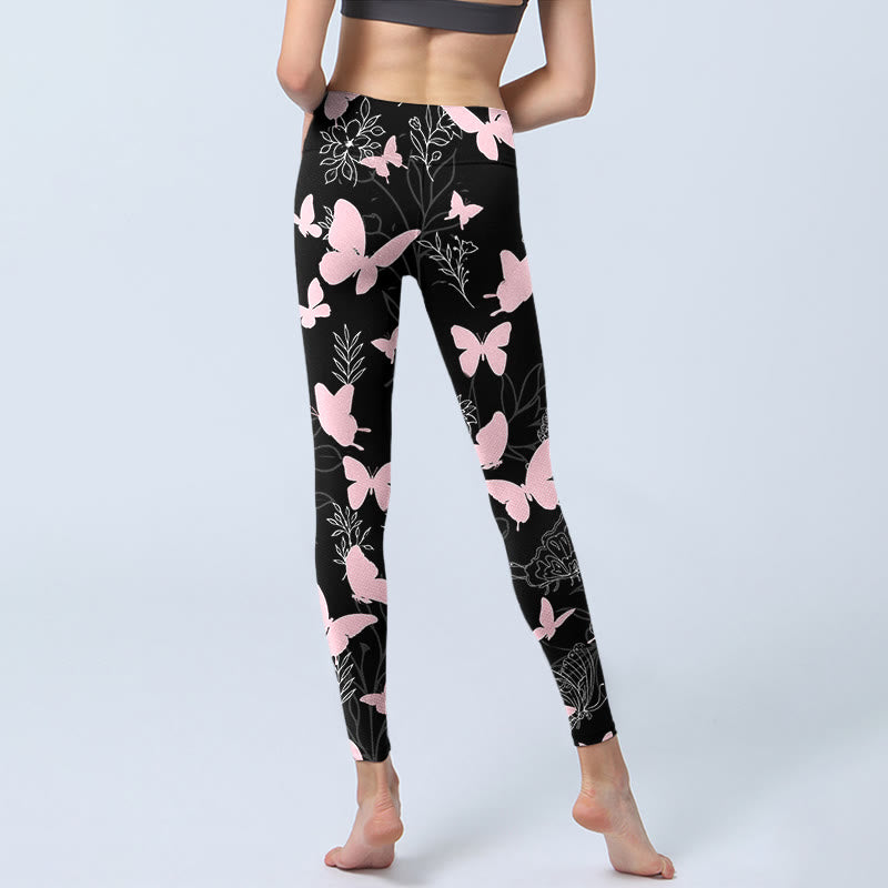 Leggings da palestra con stampa a motivo di linee di piante a farfalla nera Buddha Stones, pantaloni da yoga da donna