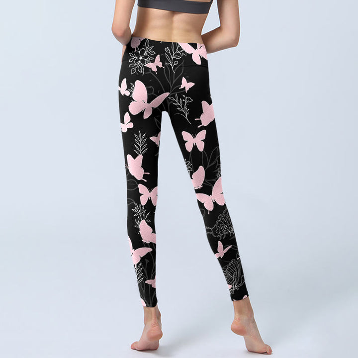 Leggings da palestra con stampa a motivo di linee di piante a farfalla nera Buddha Stones, pantaloni da yoga da donna