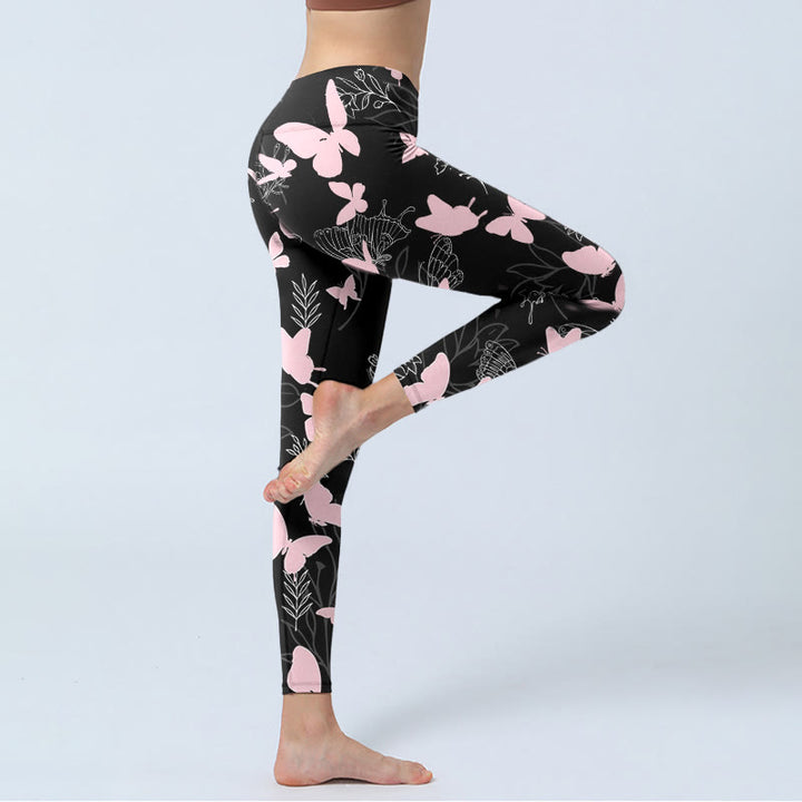 Leggings da palestra con stampa a motivo di linee di piante a farfalla nera Buddha Stones, pantaloni da yoga da donna
