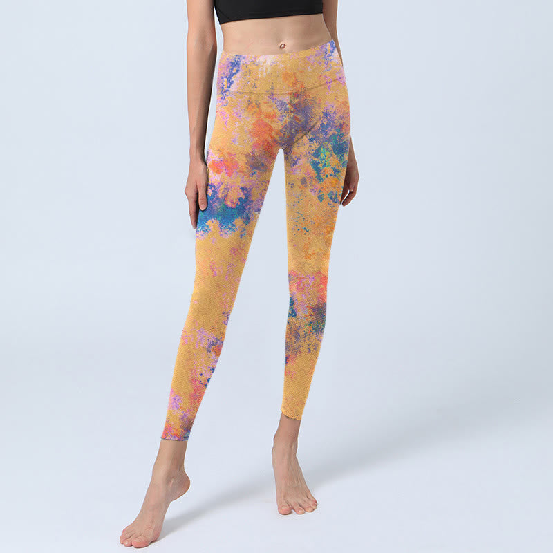 Leggings da palestra con stampa a motivo astratto acquerello giallo brillante Buddha Stones, pantaloni da yoga da donna