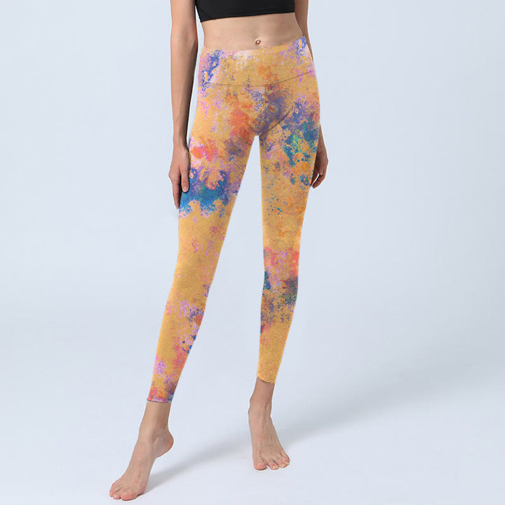 Leggings da palestra con stampa a motivo astratto acquerello giallo brillante Buddha Stones, pantaloni da yoga da donna