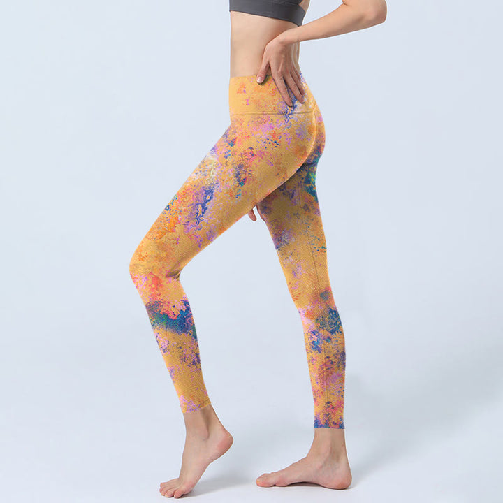 Leggings da palestra con stampa a motivo astratto acquerello giallo brillante Buddha Stones, pantaloni da yoga da donna